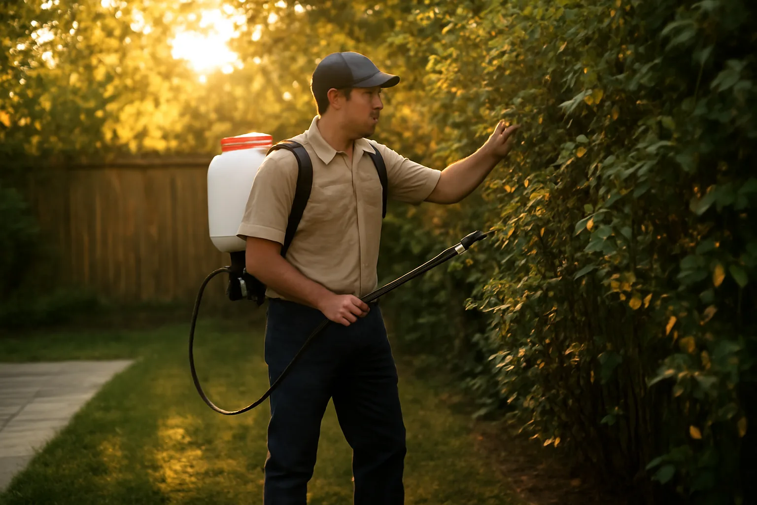 Technician inspecting shaded backyard shrubs at dusk during mosquito control treatment