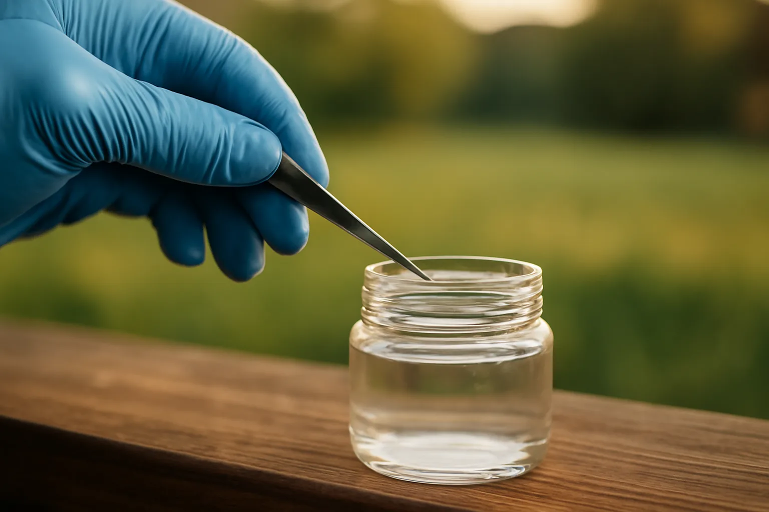 Gloved hand using tweezers to drop a tick into a jar of alcohol