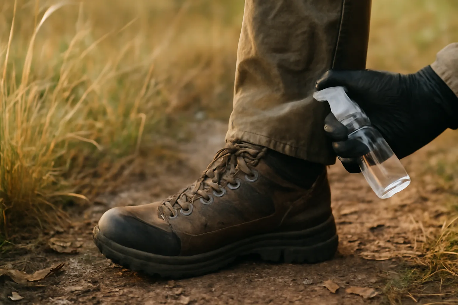 Person applying spray-on tick repellent to boots and pant cuffs before hiking through tall grass