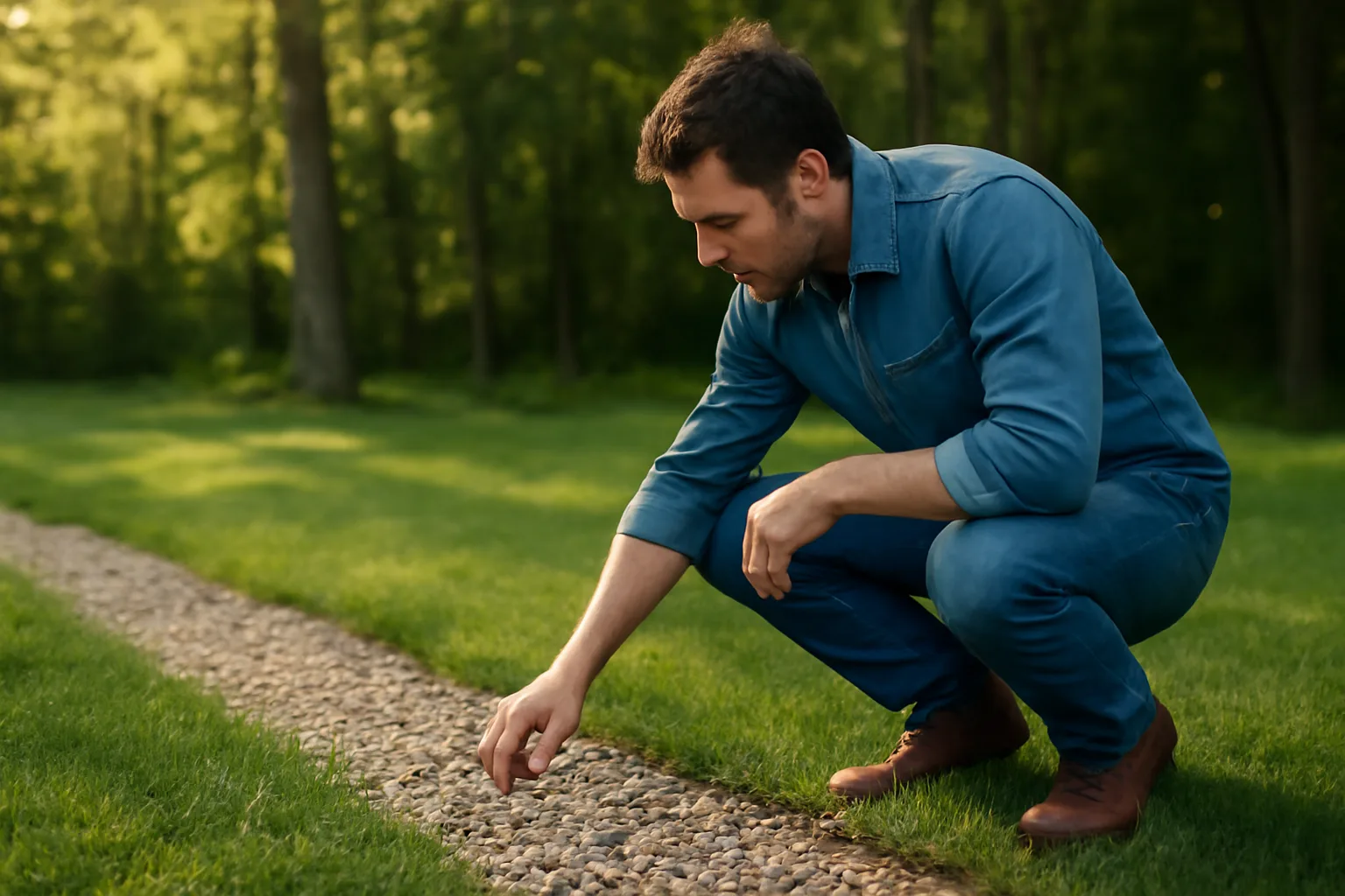 Homeowner inspecting a gravel border for tick control where lawn meets woods