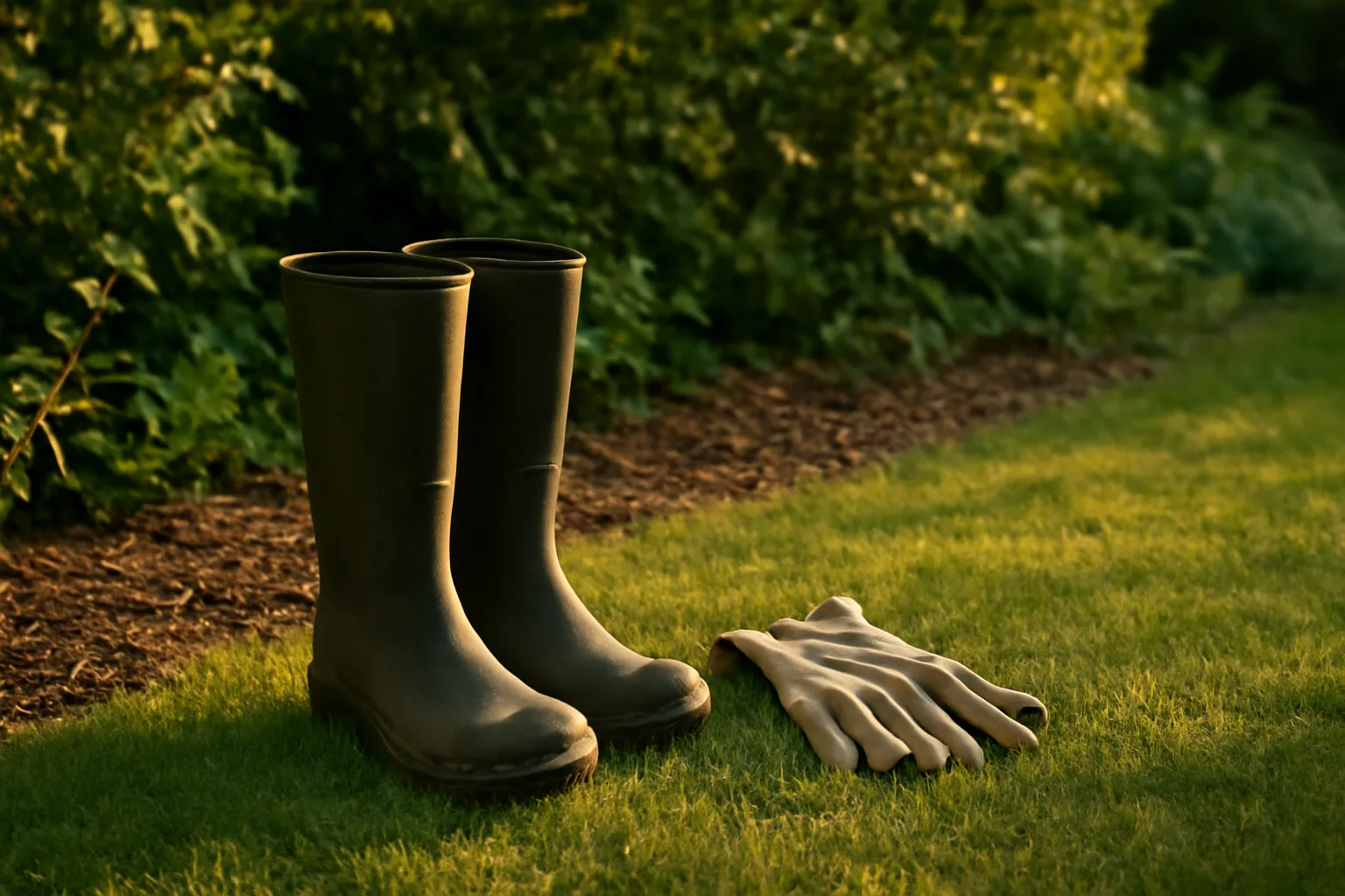 Backyard lawn edge with wood-chip barrier, a natural tick deterrent zone between grass and brush
