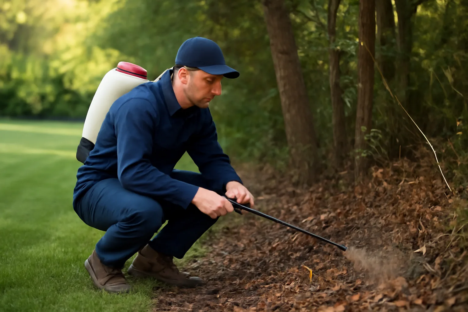 Technician applying tick spray to leaf litter at the wooded edge of a backyard lawn