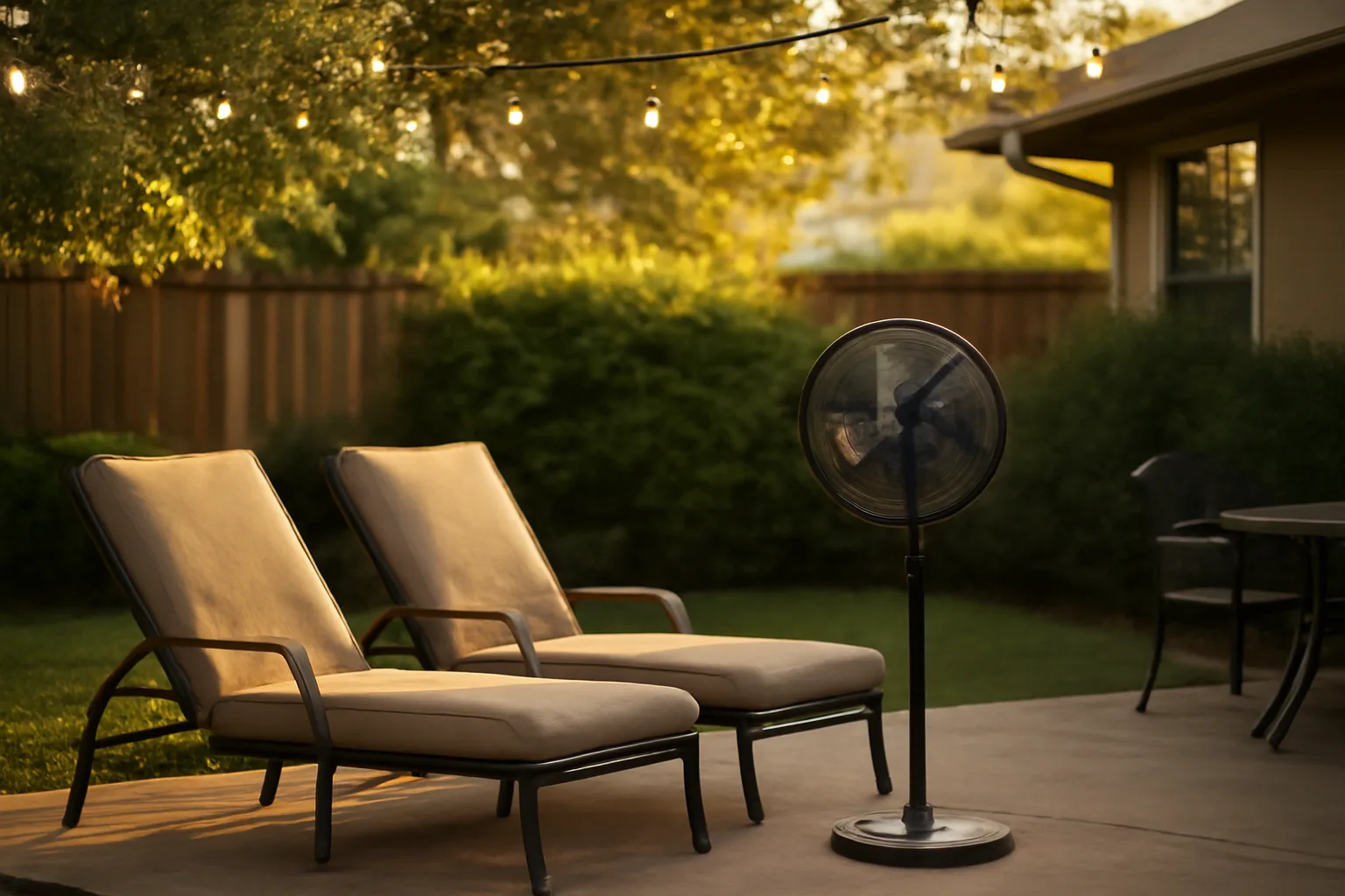 Suburban backyard patio at dusk showing the setting for yard mosquito protection