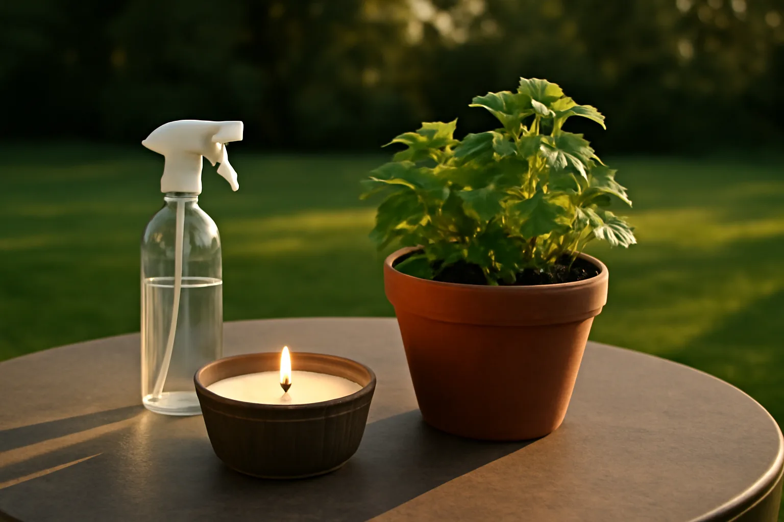 Patio table with citronella candle and potted herbs as natural insect repellent for mosquitoes