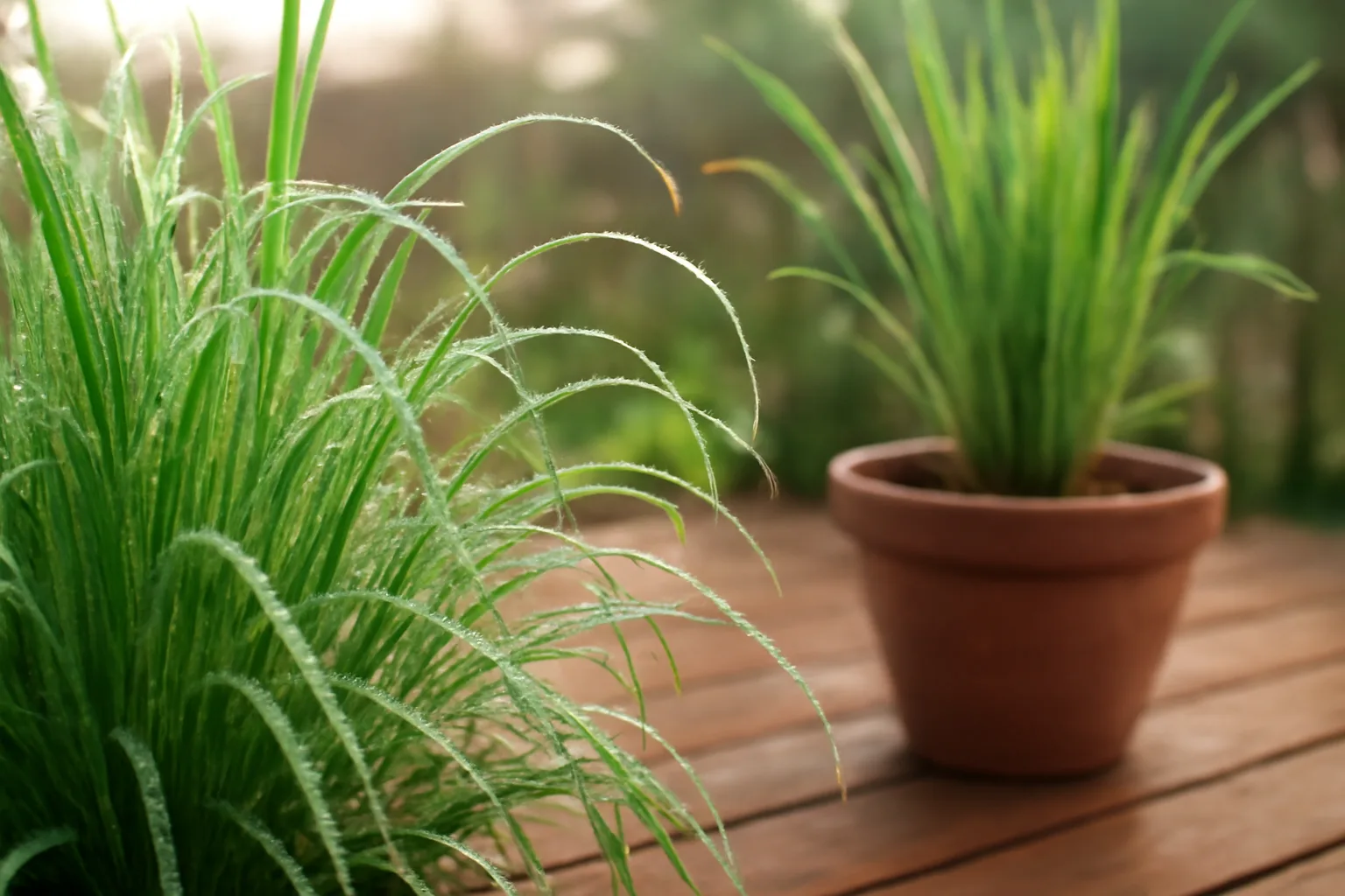 Citronella grass and lemongrass plants in pots on a patio at dawn