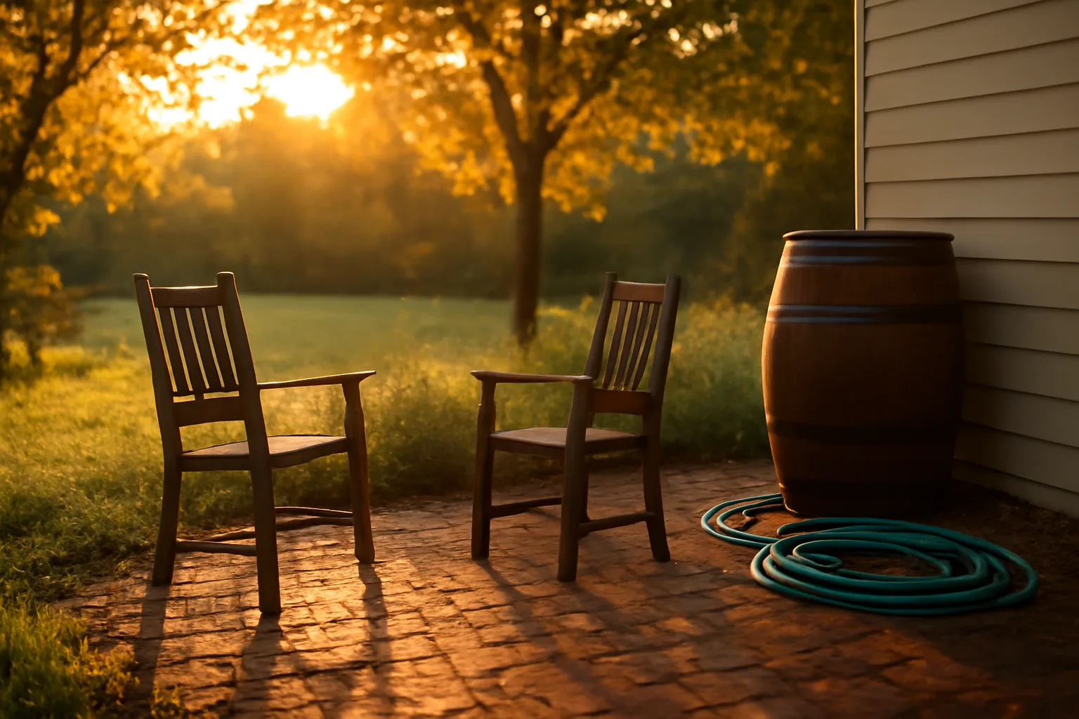 Backyard patio at dusk showing the kind of yard edge where mosquitoes go away seasonally