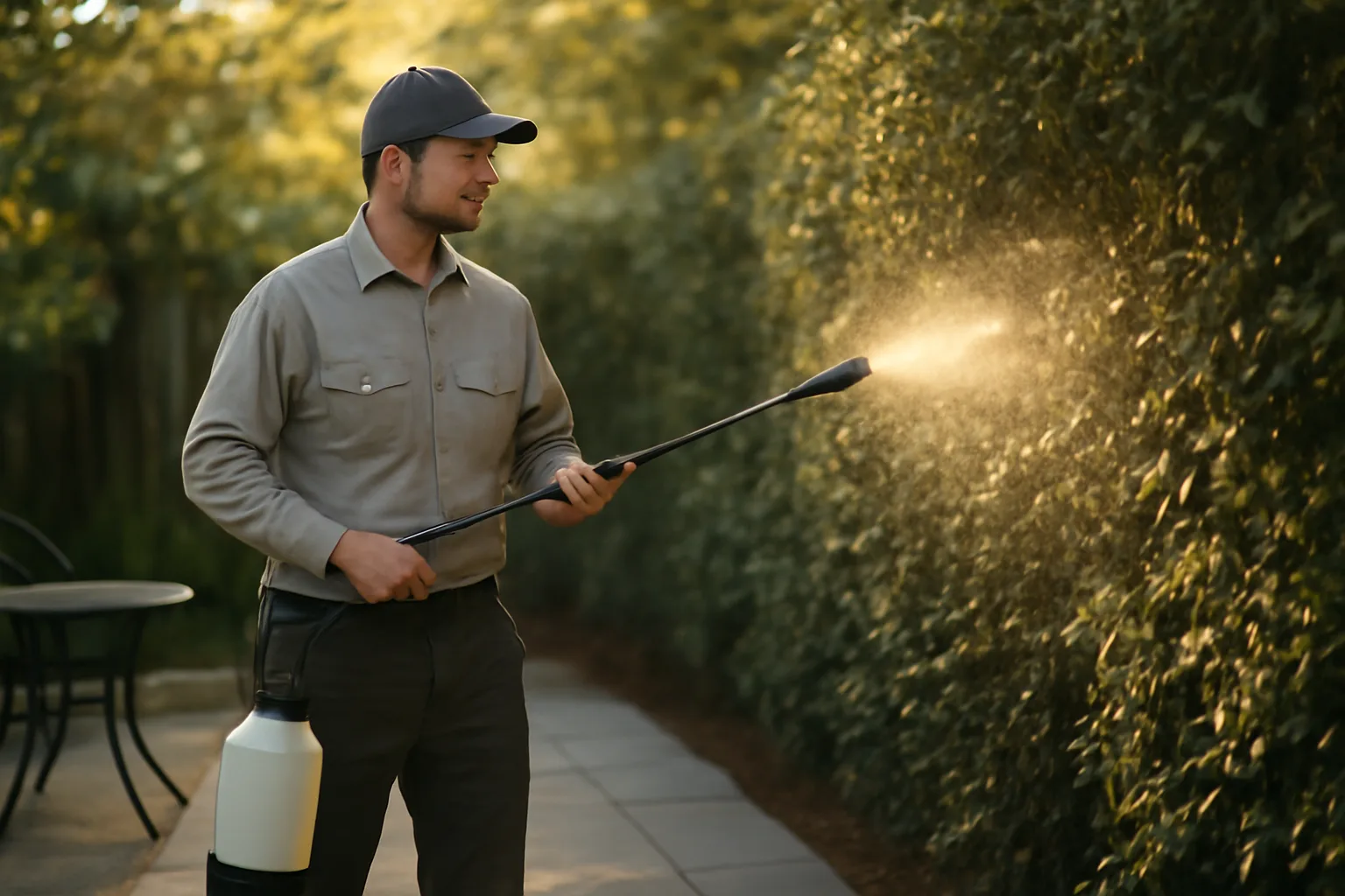 Technician applying bug spray treatment to shrubs along a backyard fence line
