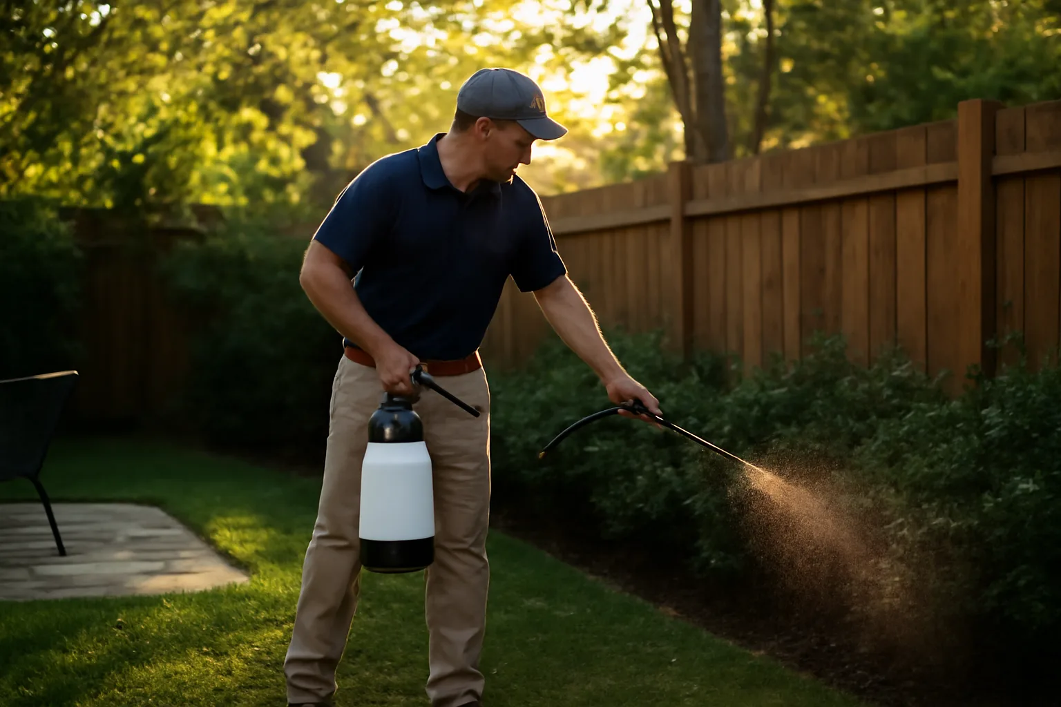 Technician spraying shaded shrubs along a backyard fence line at dusk for mosquito control