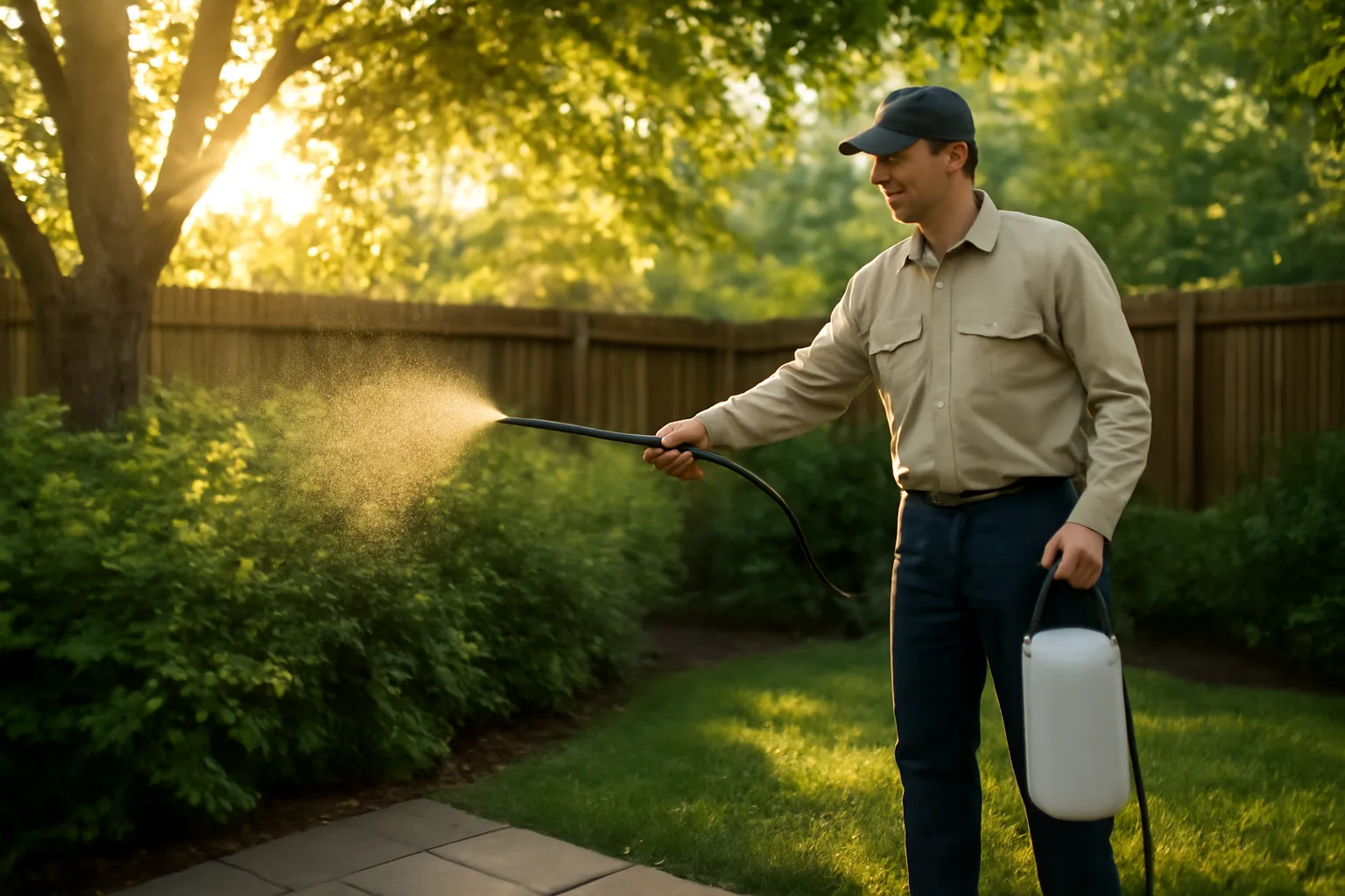 technician spraying shaded shrubs at dusk as part of yard mosquito control