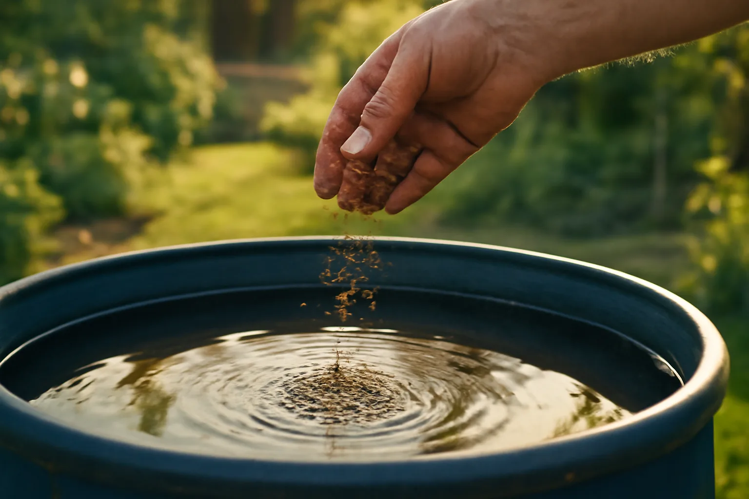 Hand applying Mosquito Bits granules into a backyard rain barrel