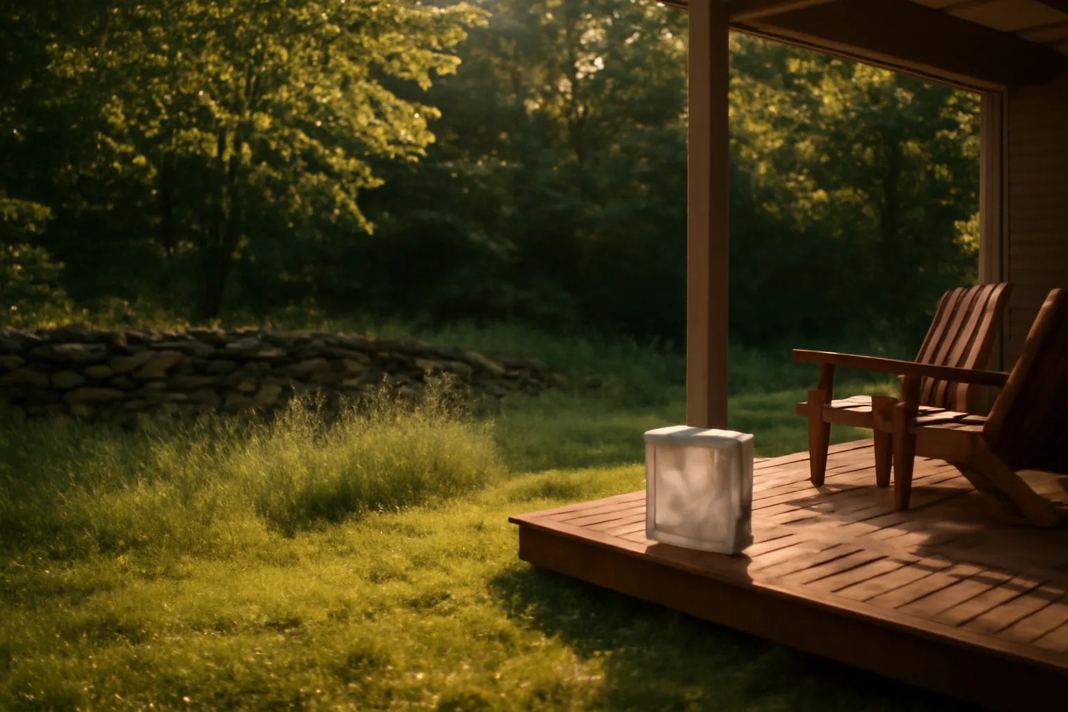 Wooded backyard patio at dusk showing the lawn edge where mosquito control in Weston MA targets resting sites