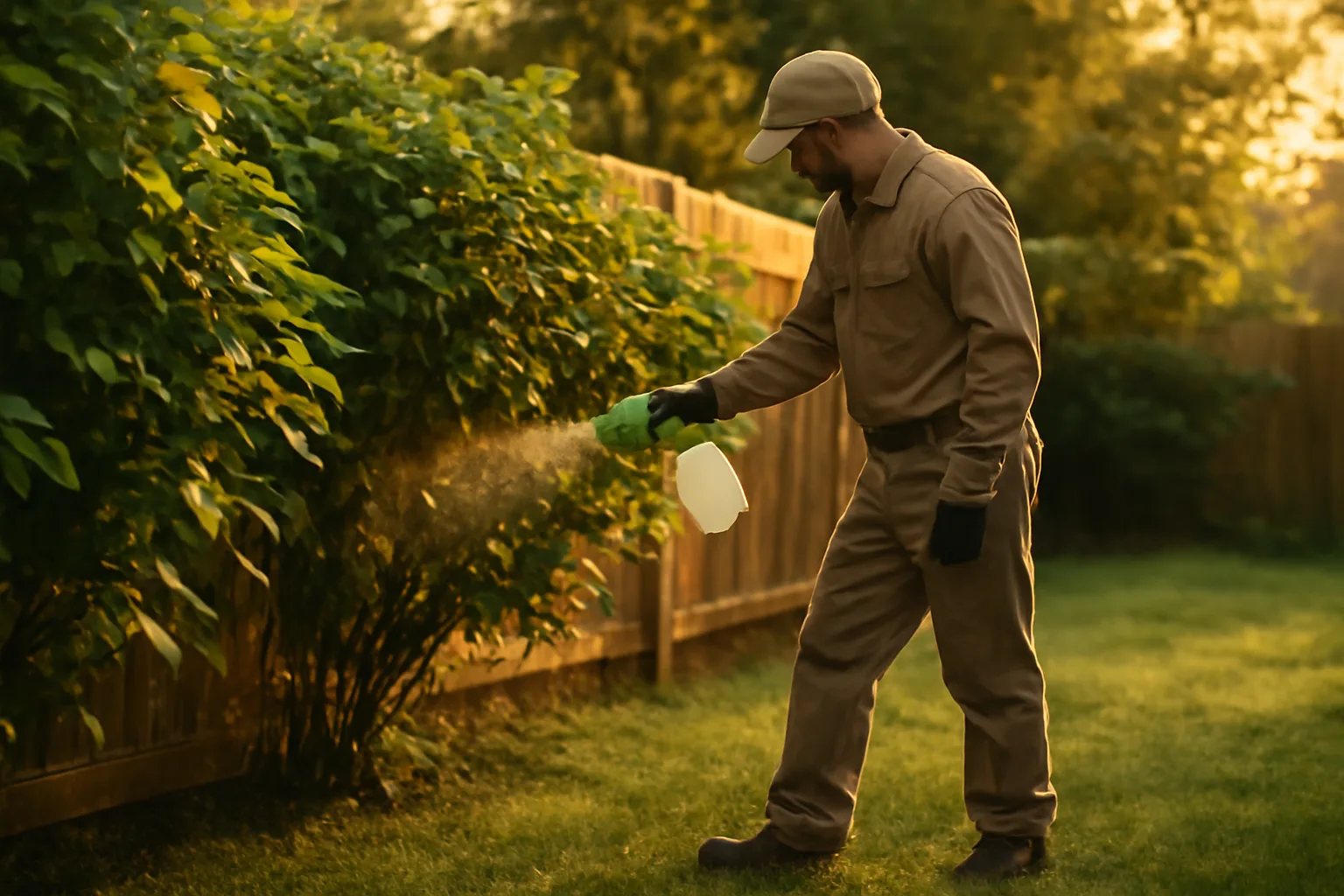 Technician spraying shrub line for mosquito barrier treatment in a backyard at dusk