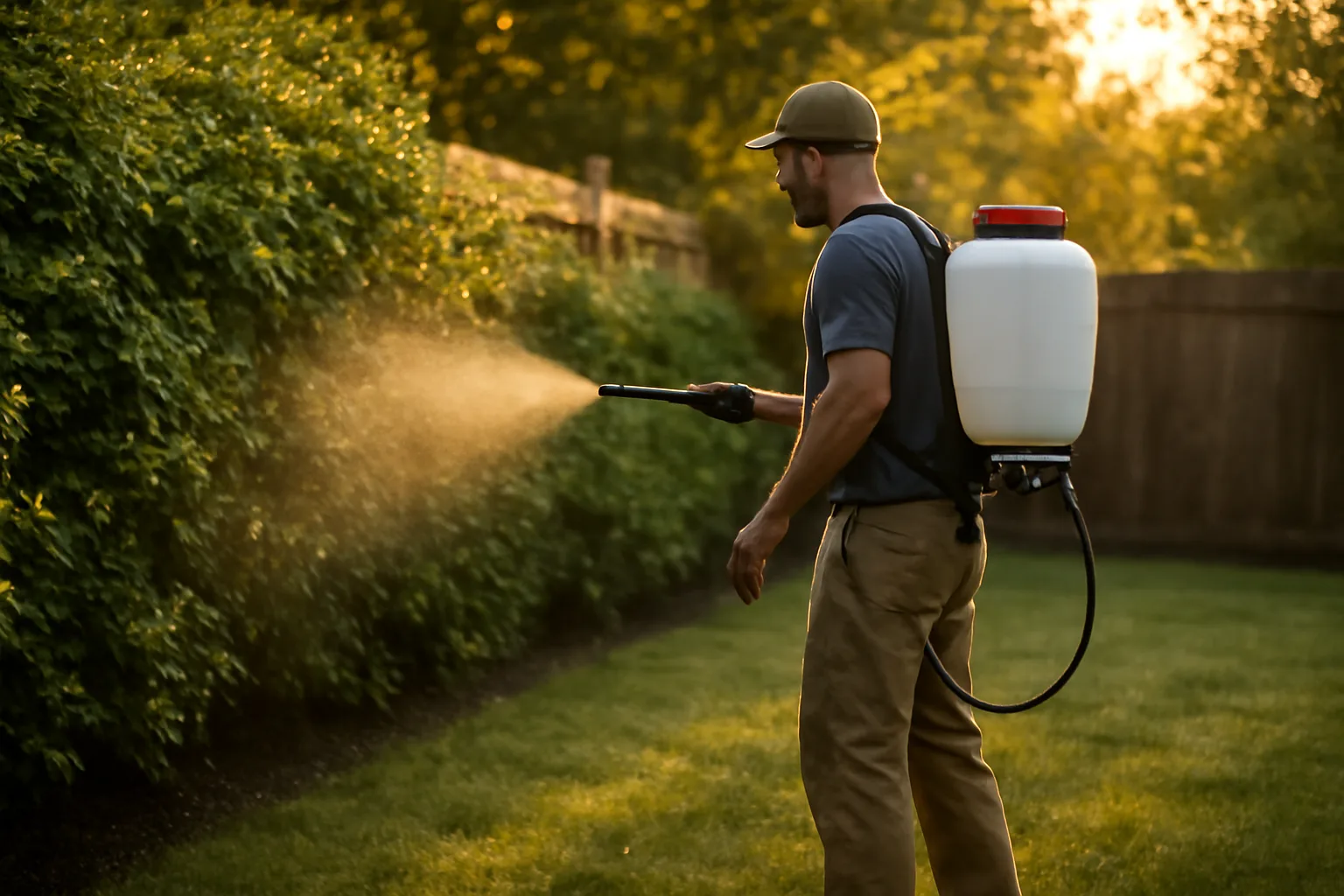 Technician applying mosquito spray to shrubs along a backyard fence at dusk