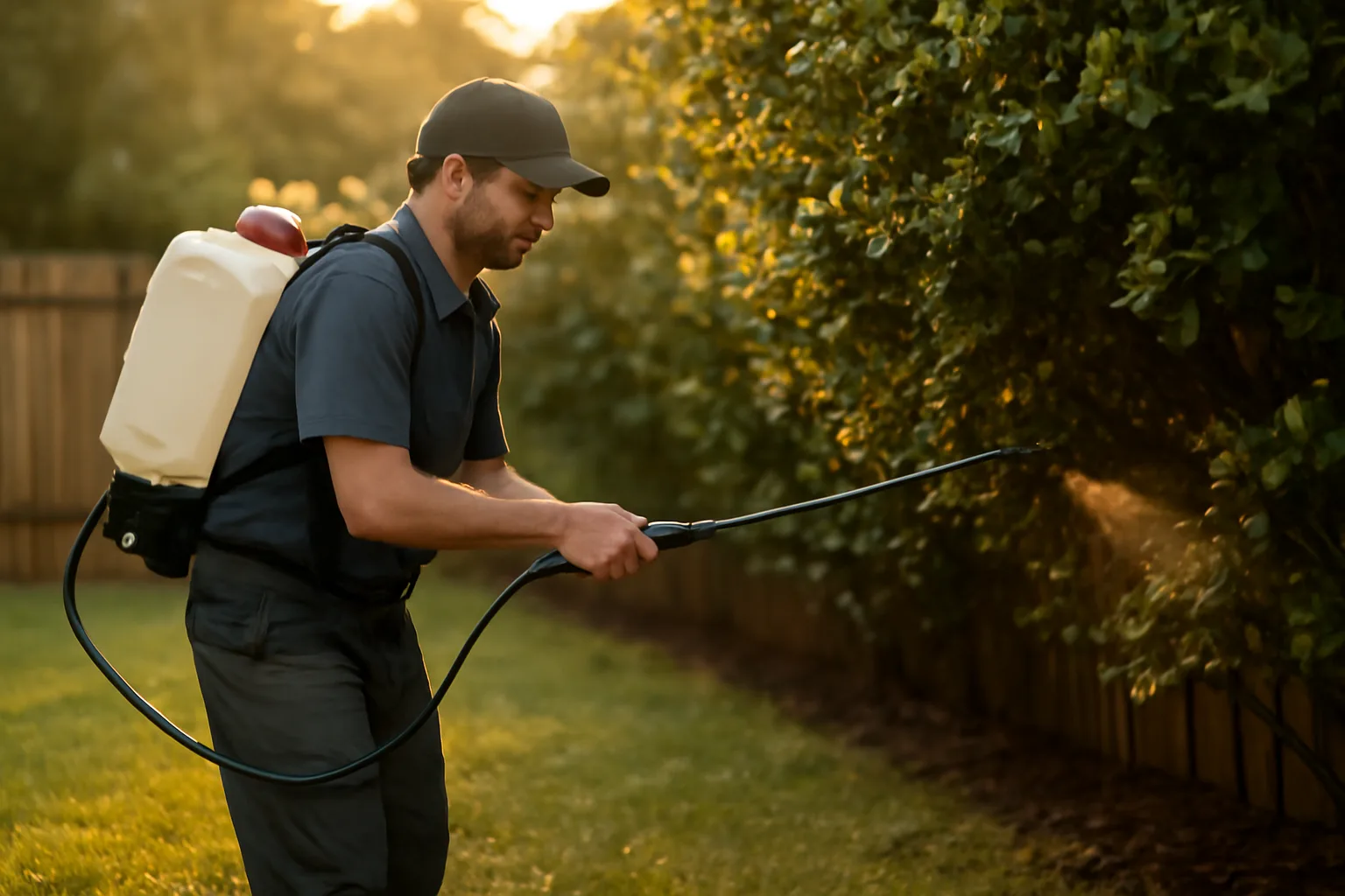 Technician applying mosquito spray to yard shrubs at dusk with backpack sprayer