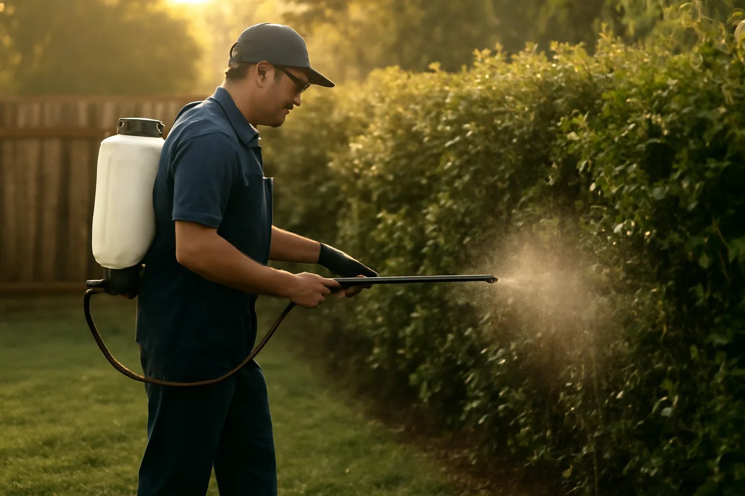 Technician applying mosquito barrier spray to shaded shrubs along a backyard fence at dawn