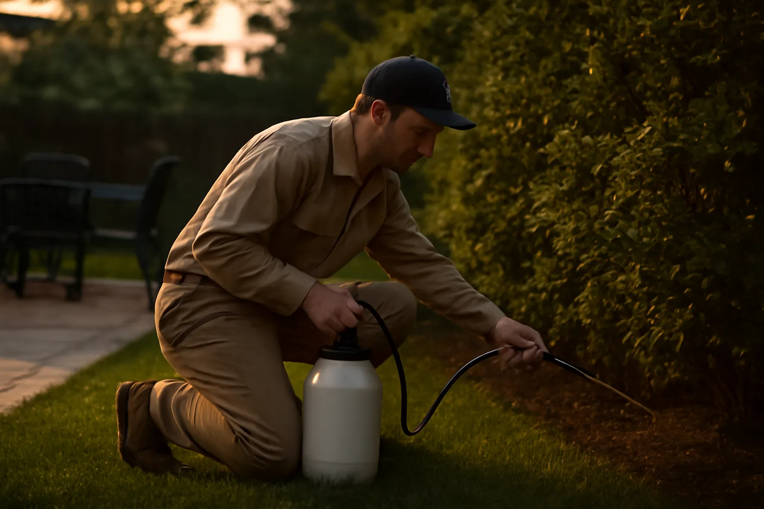 Technician applying mosquito treatment spray to shrubs along a backyard patio at dusk